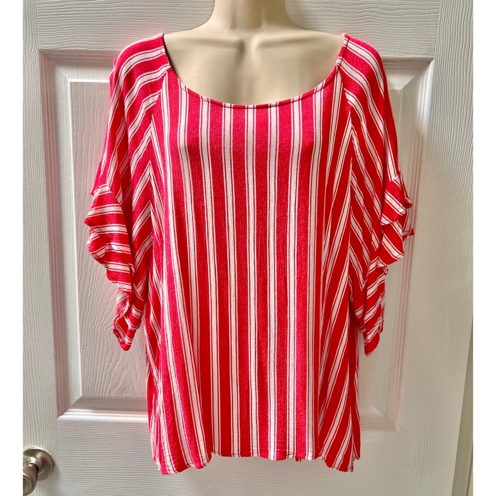 ♥️ UMGEE Red and White Striped Batwing Ruffle Sleeves Top, Flowy, Rayon Blend, L